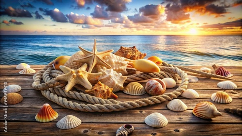 Seashells of various shapes and sizes are scattered across a weathered wooden dock, with rope and nautical accents amidst a soft, serene ocean backdrop. photo