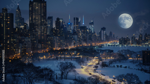 8k,photo,new york,night view,moon,winter 