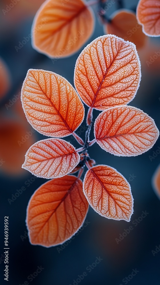 Fototapeta premium Image shows vibrant orange leaves with delicate frost outlining their edges, creating a striking contrast against a blurred background