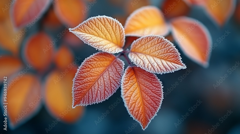 Obraz premium Cluster of autumn leaves rimmed with frost, displaying vibrant red and orange hues against a blurred background
