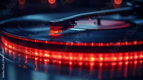 Vinyl record is spinning on a turntable, illuminated by red lights, with a stylus needle touching the grooves photo