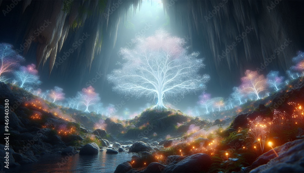 Fototapeta premium Bioluminescent Beauties Glowing Light in Cave 4K HDR Ultra HD Wallpaper