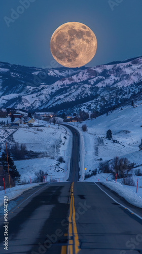 Moonrise over perfect snowy mountains, super moon, richly detailed sky