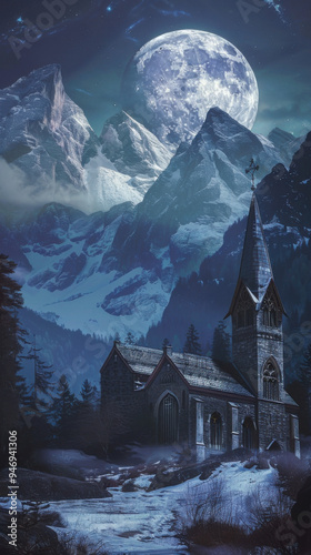 A cathedral in front of mountain and full moon background , photorealistic