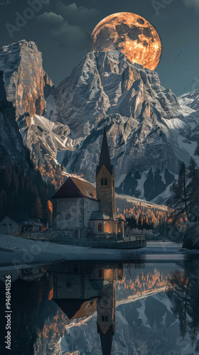 A cathedral in front of mountain and full moon background , photorealistic