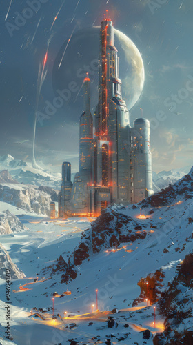 Select the image you like better Realistic concept art of a city on the Lunar surface, lit up, white buildings