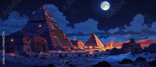 night sky, pyramid, desert, glowing white moon, buildings crafted with golden ratio, muted colors