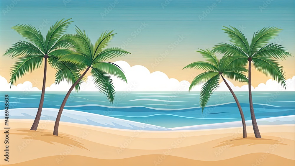 Simple, minimalist illustration of a serene beach scene featuring a subtle line art design, palm trees, and waves gently lapping at the sandy shoreline. Simple, minimalist illustration of a serene beach scene featuring a subtle line art design, palm trees, and waves gently lapping at the sandy shoreline.