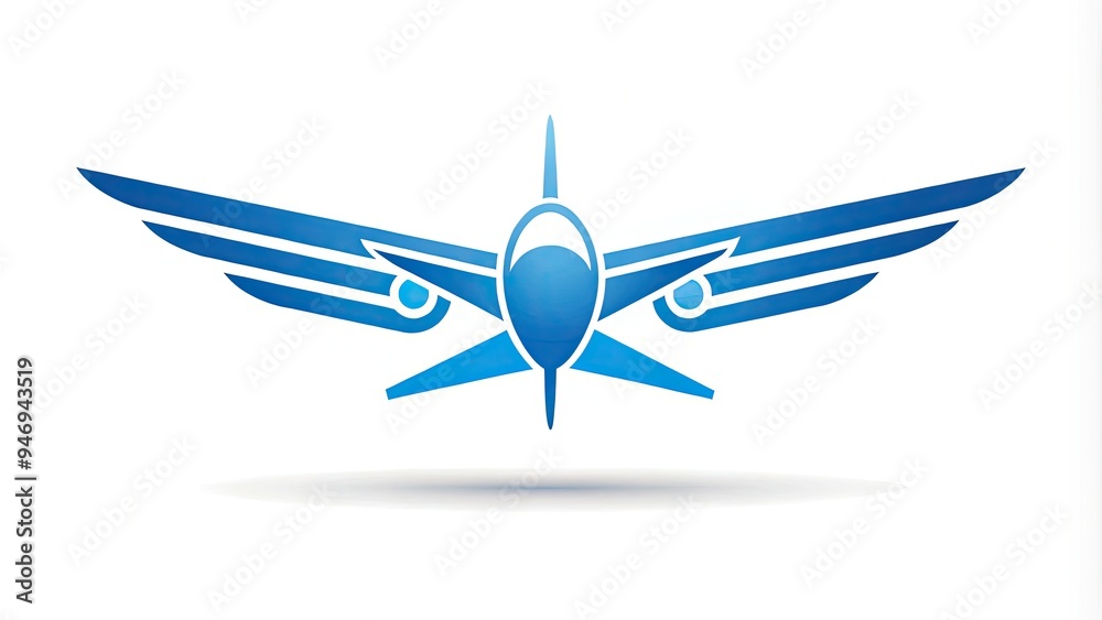 Simple, modern, blue, and white airline icon with wings and plane silhouette, isolated on a white background, ready for customization and editing. Simple, modern, blue, and white airline icon with wings and plane silhouette, isolated on a white background, ready for customization and editing.