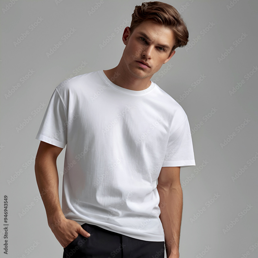 A high-quality commercial image of a white man wearing a loose-fitting, unisex white men's t-shirt. The t-shirt features a round neck and a relaxed, slightly oversized fit. A high-quality commercial image of a white man wearing a loose-fitting, unisex white men's t-shirt. The t-shirt features a round neck and a relaxed, slightly oversized fit.