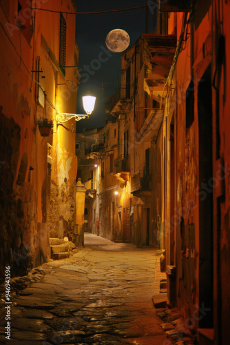 Beatiful scenery, sicilian street, nighttime, moon sky 