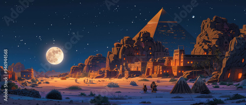 night sky, pyramid, desert, glowing white moon, buildings crafted with golden ratio, muted colors
