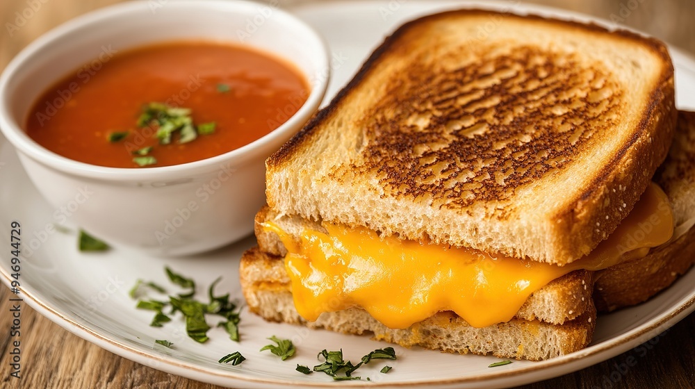 A classic grilled cheese sandwich with golden-brown crust, melty cheddar cheese, and a side of tomato soup for dipping A classic grilled cheese sandwich with golden-brown crust, melty cheddar cheese, and a side of tomato soup for dipping