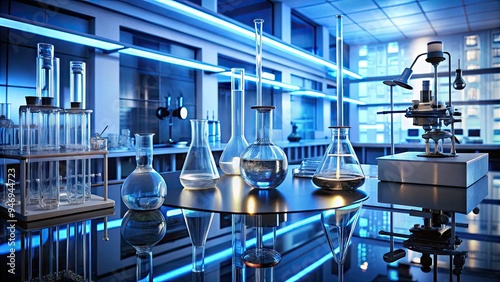 Sleek laboratory equipment surrounds a beaker of crystal-clear water, illuminated by soft blue lighting, amidst a backdrop of modern scientific instruments and tools. photo