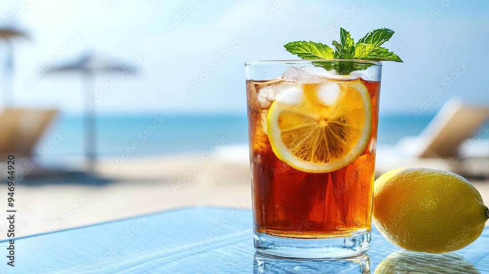 A chilled glass of iced tea with lemon and mint, resting on a glass table with a beach scene in the background A chilled glass of iced tea with lemon and mint, resting on a glass table with a beach scene in the background