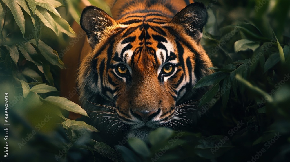 Close-up of a tiger's face peering through foliage Close-up of a tiger's face peering through foliage