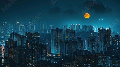 Surreal cityscape at night, Canon EOS R5, RF 24-70mm f/2.8, moon glowing unusually bright