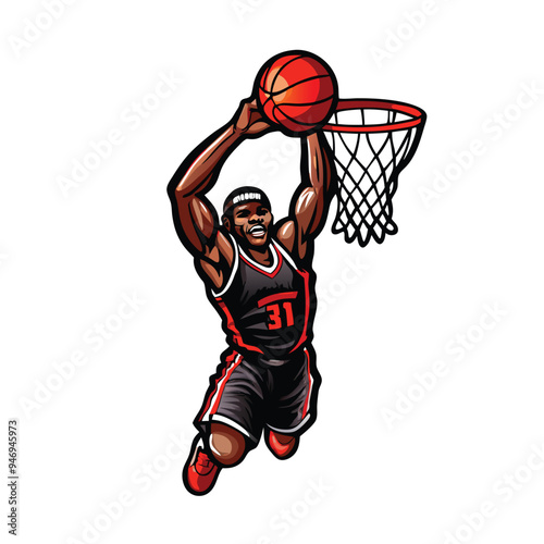 A realistic vector artwork of a basketball player going for a dunk.