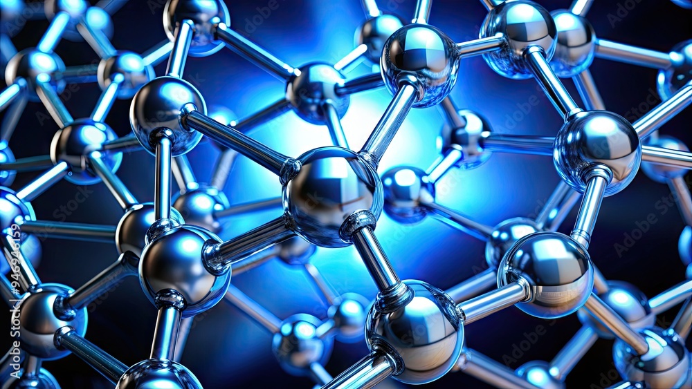 Sleek, silver molecular structure glows with vibrant blue light, suspended in darkness, representing the fusion of cutting-edge technology and microscopic innovation in futuristic Sleek, silver molecular structure glows with vibrant blue light, suspended in darkness, representing the fusion of cutting-edge technology and microscopic innovation in futuristic