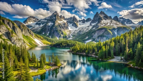 Snow-capped mountain peaks soar above serene alpine lakes and lush green forests in the Enchantments, a majestic wilderness area in Washington State's Cascade Range.