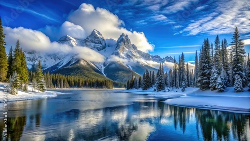 Snow-capped mountains rise above a serene frozen lake, surrounded by dense evergreen forests, under a crisp blue winter sky with scattered wispy clouds. photo