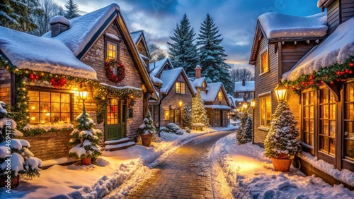 Snow-covered cottages and shops adorned with twinkling lights, garlands, and wreaths line a festive cobblestone street in a charming winter wonderland village at dusk.