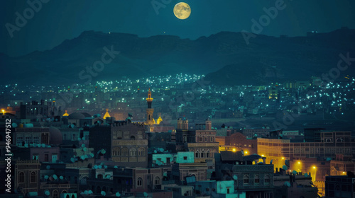 amazing view of Sanaa city of Yemen , night , Moon 