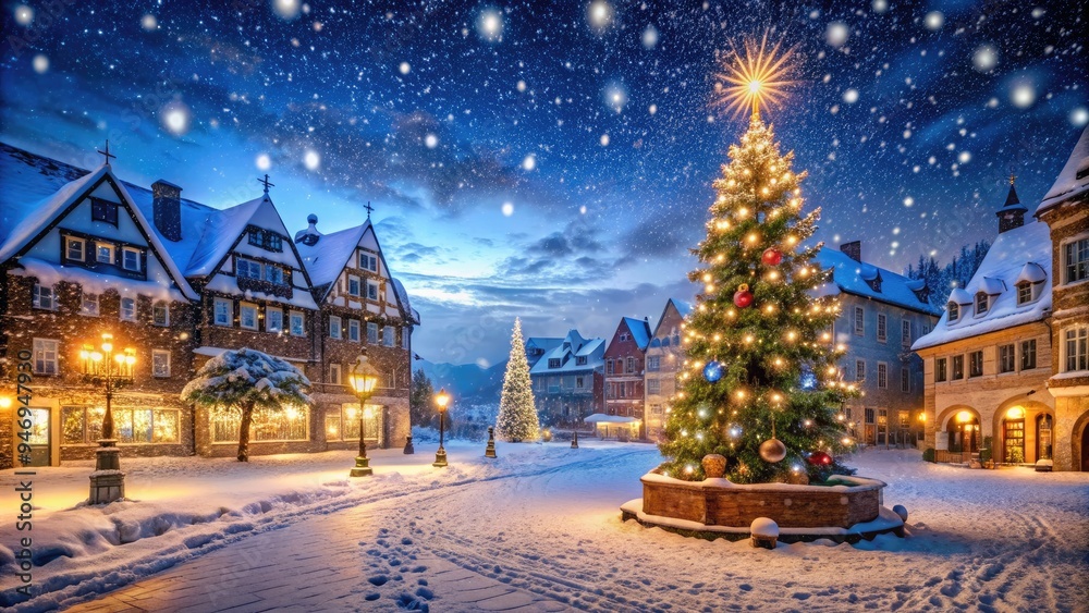 Fototapeta premium Snowflakes gently fall on a serene Christmas night, illuminating a tranquil town square adorned with twinkling lights, festive decorations, and a majestic snow-covered Christmas tree.