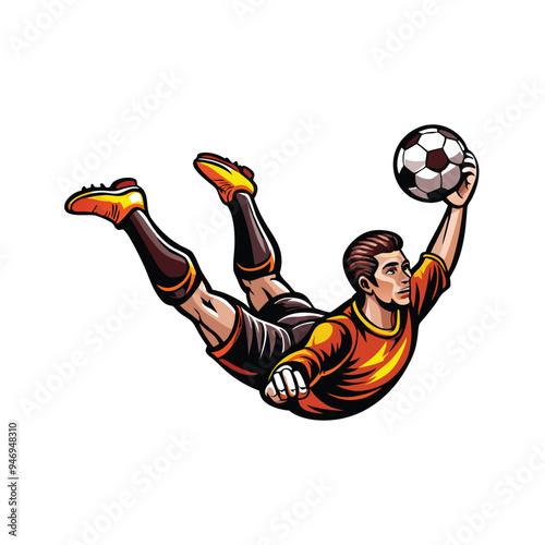 Realistic vector artwork of a soccer player performing a diving save.