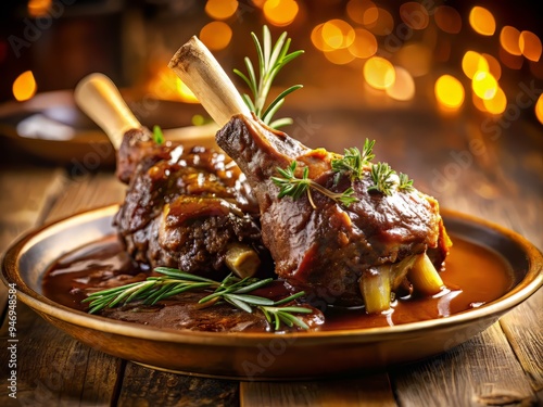 Lamb shanks braised in rich brown sauce, garnished with fresh rosemary, illuminated by warm golden light, composition emphasizing the tender meat falling off the bone. photo