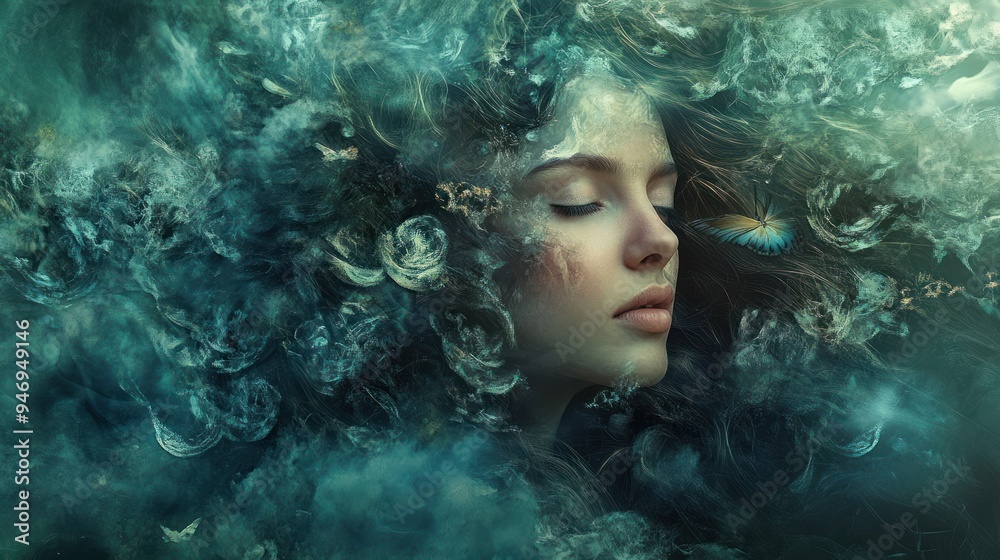 Woman's Face Emerging from a Dreamy Green Mist with a Butterfly Woman's Face Emerging from a Dreamy Green Mist with a Butterfly