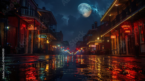 Time lapse of the moon over Bourbon street , carnaval , dark shadow lighting, patch of light