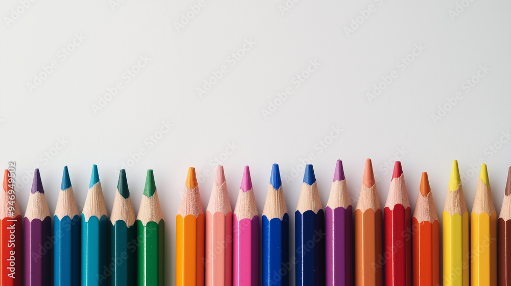 A set of neatly aligned colored pencils in a spectrum of vibrant hues, representing creativity and art, isolated on a white background.