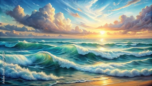 Soft, ethereal watercolor rendering of undulating ocean waves, with gentle ripples and frothy crests, evoking a serene and peaceful seaside atmosphere. photo