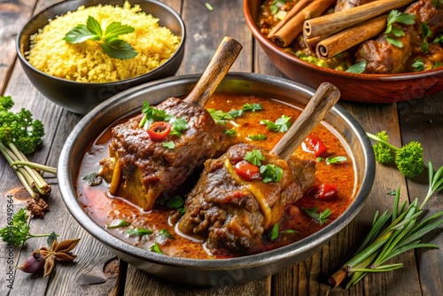 Lamb shanks slow-cooked in a flavorful curry sauce, served with a side of steaming basmati rice, vibrant colors and textures jumping off the plate.