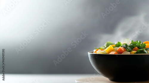 A steaming bowl of homemade soup with fresh vegetables and herbs, served in a rustic ceramic bowl, isolated on a white background.