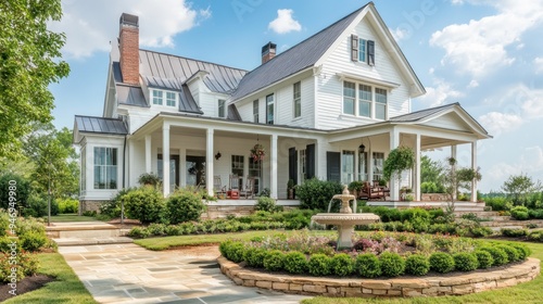 White Farmhouse with Stone Walkway and Fountain