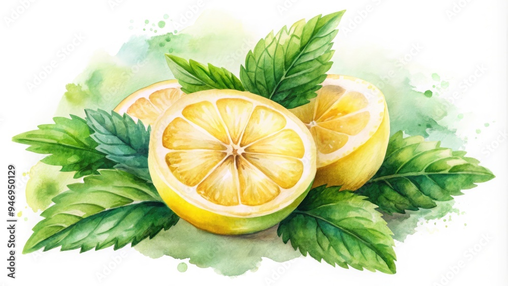 Softly blurred watercolor illustration of a vibrant yellow lemon slice surrounded by delicate, feathery lemon balm leaves on a creamy white background. Softly blurred watercolor illustration of a vibrant yellow lemon slice surrounded by delicate, feathery lemon balm leaves on a creamy white background.