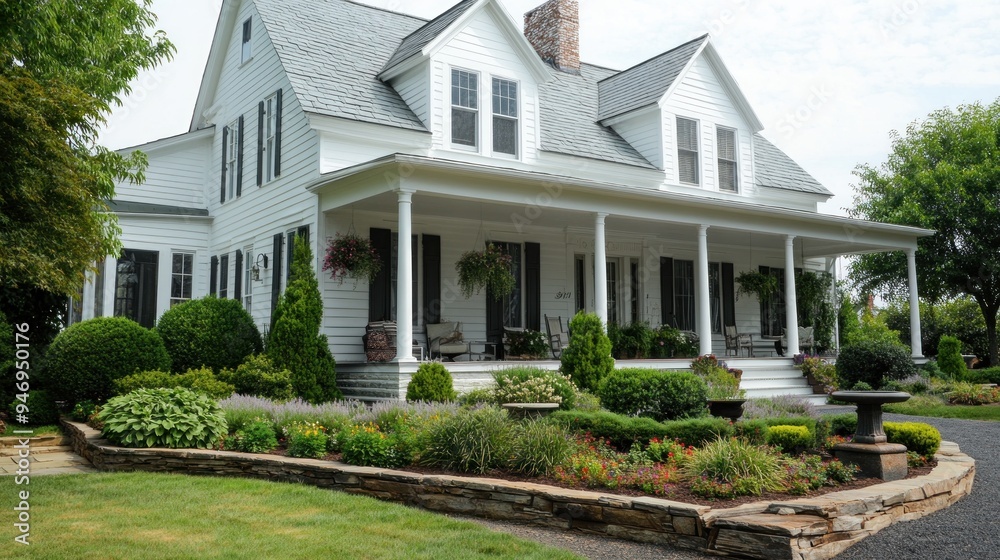 White Farmhouse with Front Porch and Landscaping White Farmhouse with Front Porch and Landscaping