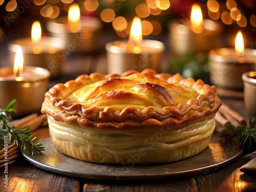 Close-up of the flaky, buttery pastry crust, glistening in the soft light of a candlelit dinner setting.
