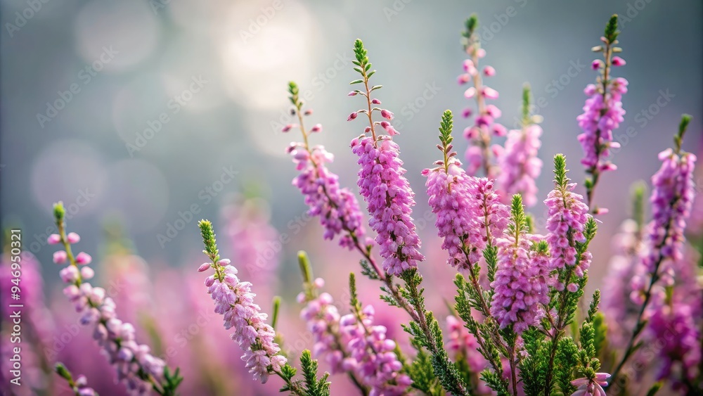 Softly focused heather flowers sway gently against a serene, muted grey background, evoking a sense of calmness and tranquility in a natural, whimsical atmosphere. Softly focused heather flowers sway gently against a serene, muted grey background, evoking a sense of calmness and tranquility in a natural, whimsical atmosphere.