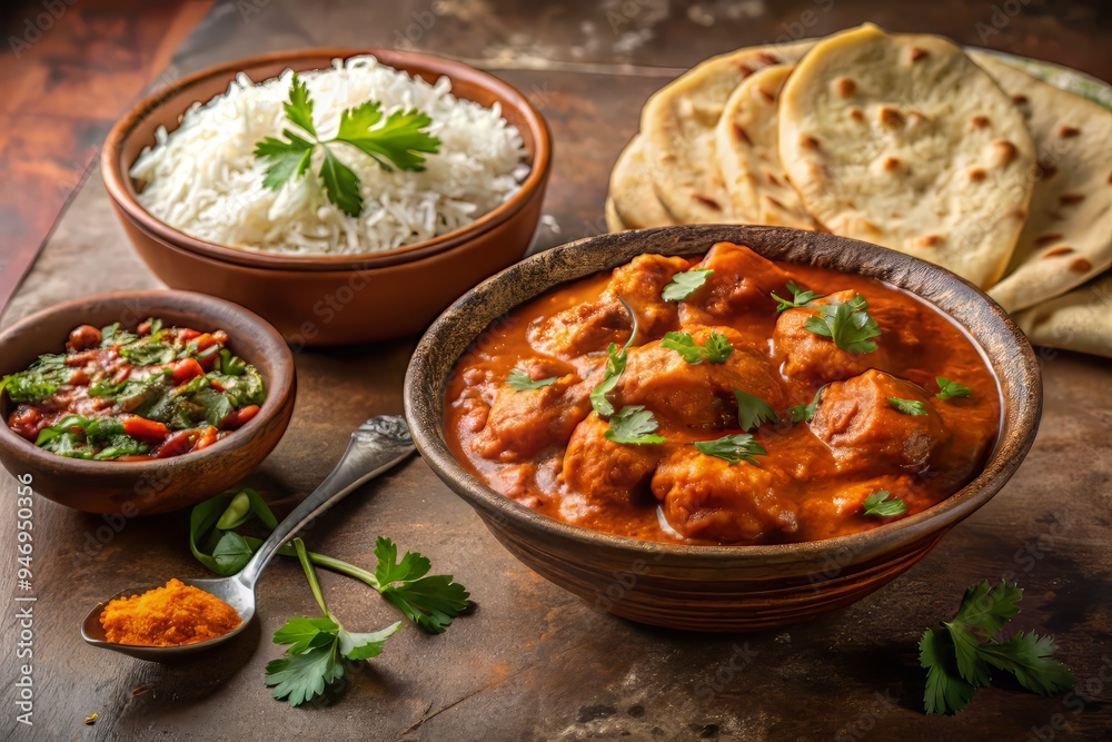 Chicken tikka masala served in a small, earthy ceramic bowl, surrounded by steaming basmati rice and naan bread, set against a warm, terracotta-colored background to evoke a cozy atmosphere. Chicken tikka masala served in a small, earthy ceramic bowl, surrounded by steaming basmati rice and naan bread, set against a warm, terracotta-colored background to evoke a cozy atmosphere.