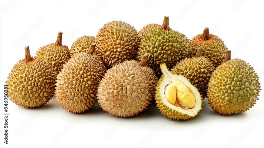 A Collection of Durian Fruits with One Opened to Reveal the Flesh A Collection of Durian Fruits with One Opened to Reveal the Flesh