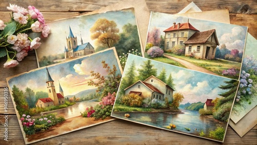Softly faded watercolor postcards adorned with distressed edges and vintage flair, showcasing idyllic landscapes, charming architecture, and whimsical illustrations, evoking nostalgia and romanticism.