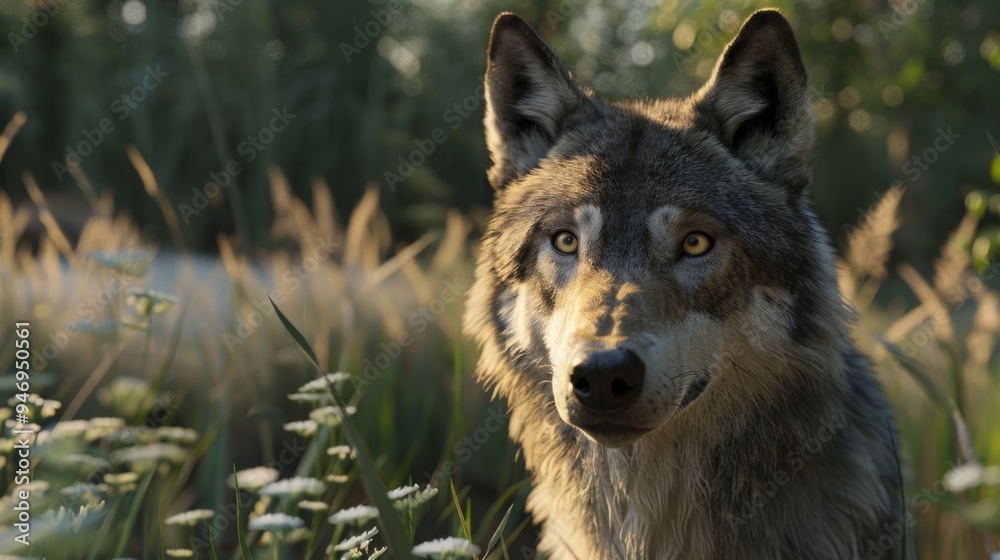Wolf in foreground with natural landscape generative ai Wolf in foreground with natural landscape generative ai