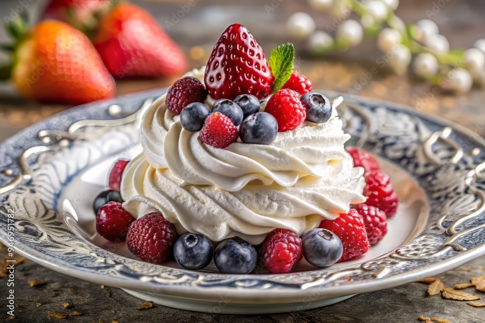 A stunning Eton Mess, with intricately piped whipped cream and scattered berries, set on a elegant, ornate plate, with a soft, velvety background. A stunning Eton Mess, with intricately piped whipped cream and scattered berries, set on a elegant, ornate plate, with a soft, velvety background.