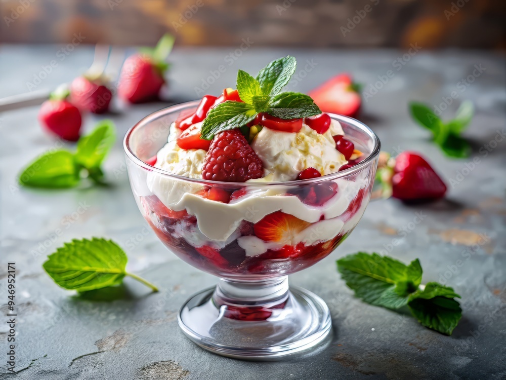 Eton Mess served in a modern, sleek glass bowl, vibrant red and white hues popping against a clean, minimalist background, bold textures and patterns drawing the viewer in. Eton Mess served in a modern, sleek glass bowl, vibrant red and white hues popping against a clean, minimalist background, bold textures and patterns drawing the viewer in.