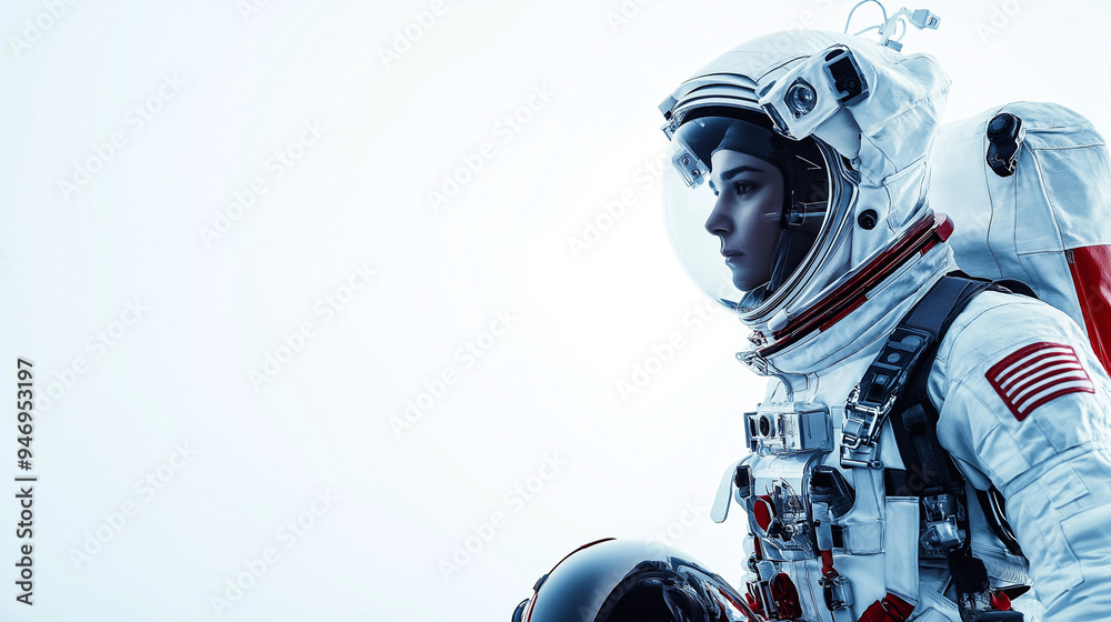 The female astronaut in full gear stands with her helmet in hand, the white background emphasizing the intricate details of her spacesuit. The female astronaut in full gear stands with her helmet in hand, the white background emphasizing the intricate details of her spacesuit.