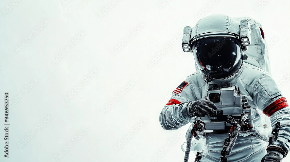 The astronaut strikes a dynamic pose, one hand on his helmet and the other on his hip, against a minimalist plain background that accentuates his stance. The astronaut strikes a dynamic pose, one hand on his helmet and the other on his hip, against a minimalist plain background that accentuates his stance.