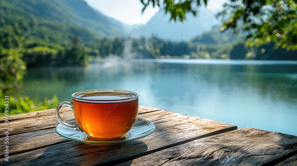 A Glass of Tea on a Wooden Table with a Mountain Lake in the Background A Glass of Tea on a Wooden Table with a Mountain Lake in the Background